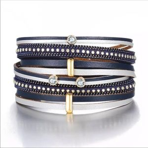 Layered Vegan Leather Wrap Bracelet - Blue & Gold